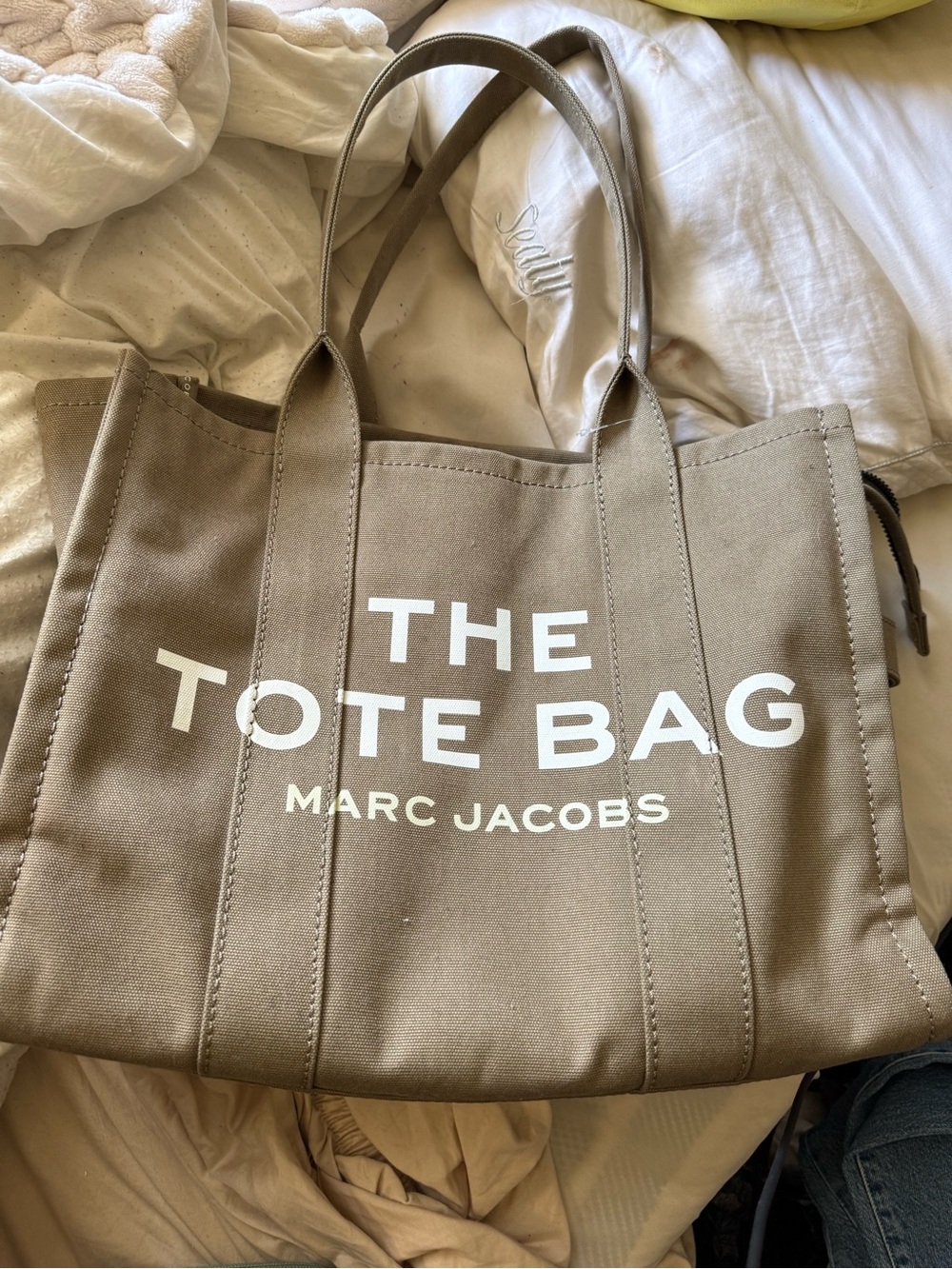 NEW….Marc Jacobs Canvas Tote Bag in Taupe with White Logo